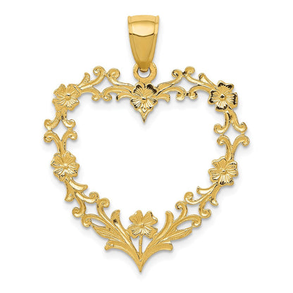 14K Gelbgold Polierter Herz-Anhänger mit Blumenrand