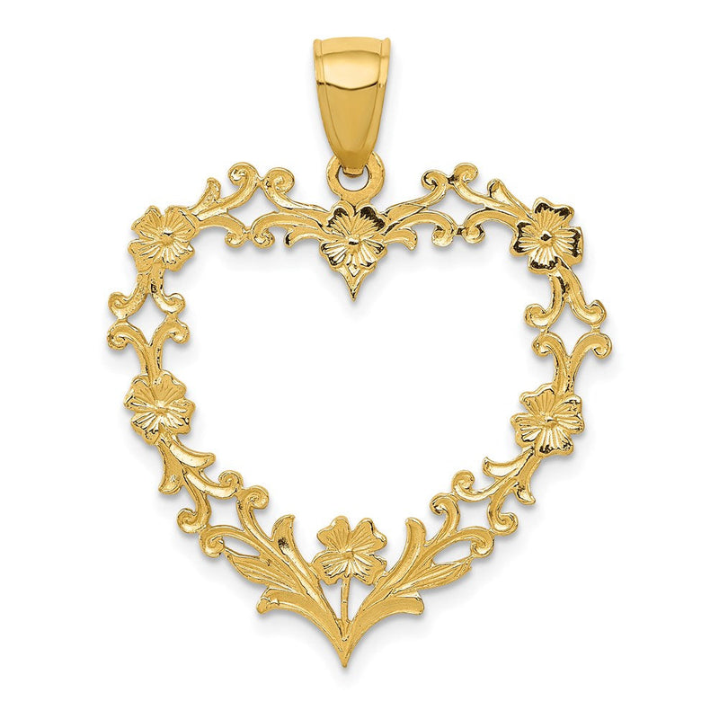 14K Gelbgold Polierter Herz-Anhänger mit Blumenrand