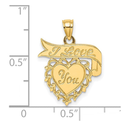 14K Gelbgold polierter „I LOVE YOU"-Herz-Charm mit Banner