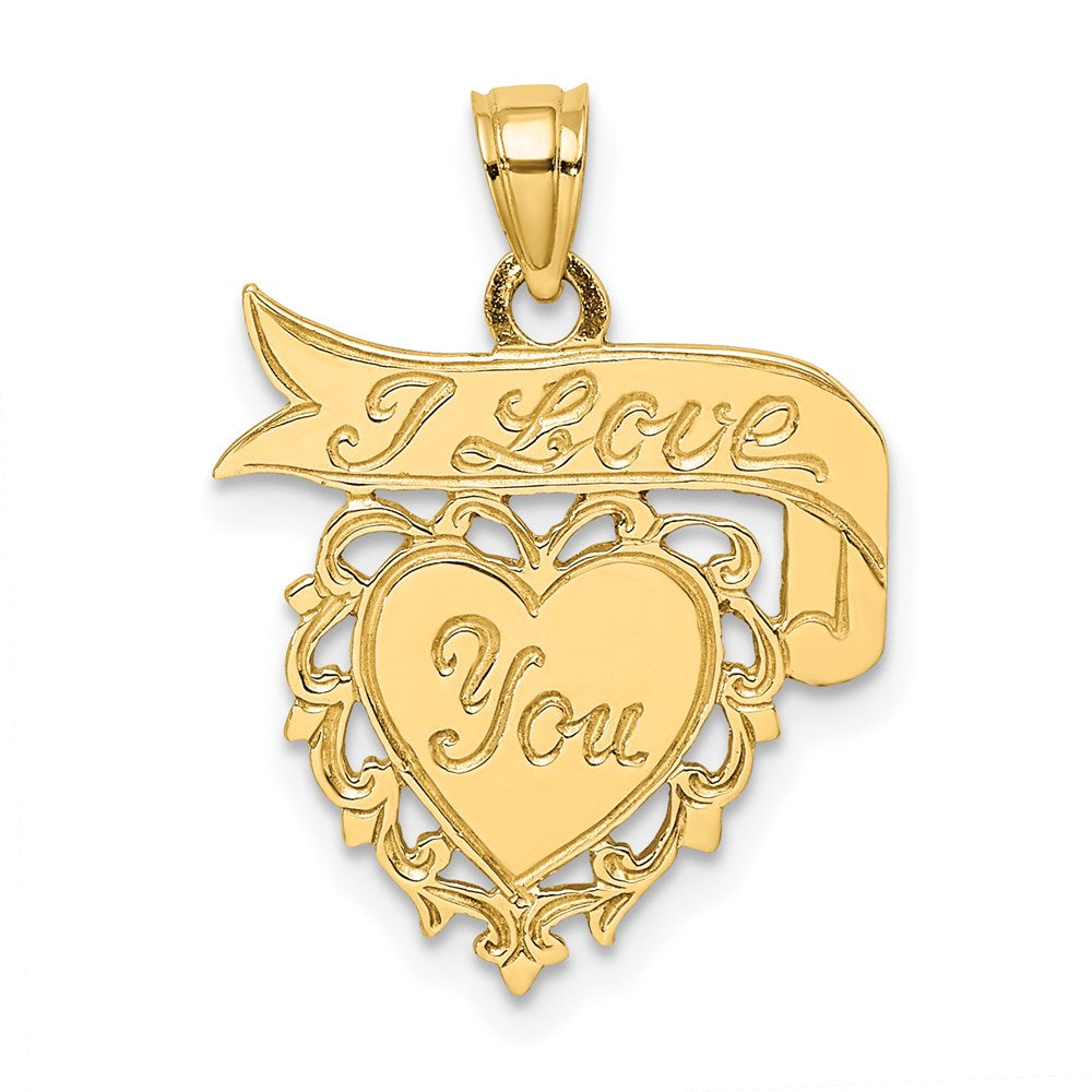 14K Gelbgold polierter „I LOVE YOU"-Herz-Charm mit Banner