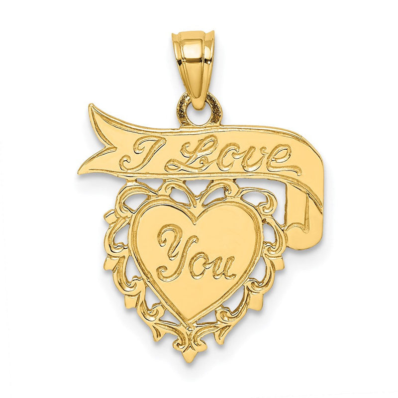 14K Gelbgold polierter „I LOVE YOU"-Herz-Charm mit Banner