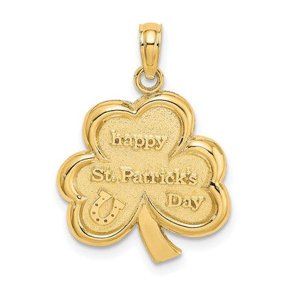 14K Gelbgold Polierter Massiver Satin-Charm "Happy St. Patrick's Day" Kleeblatt