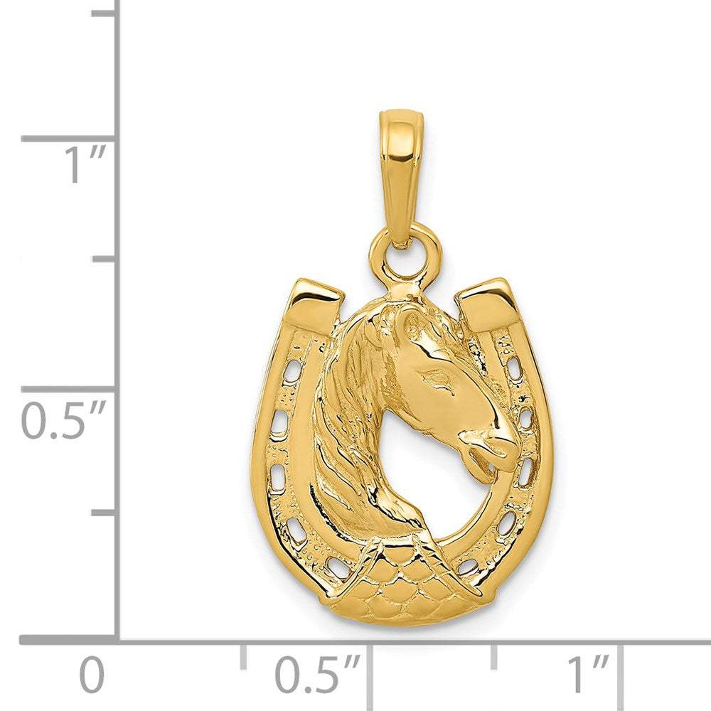 14 Karat Gelbgold massiver polierter Pferdekopf-im-Hufeisen-Anhänger