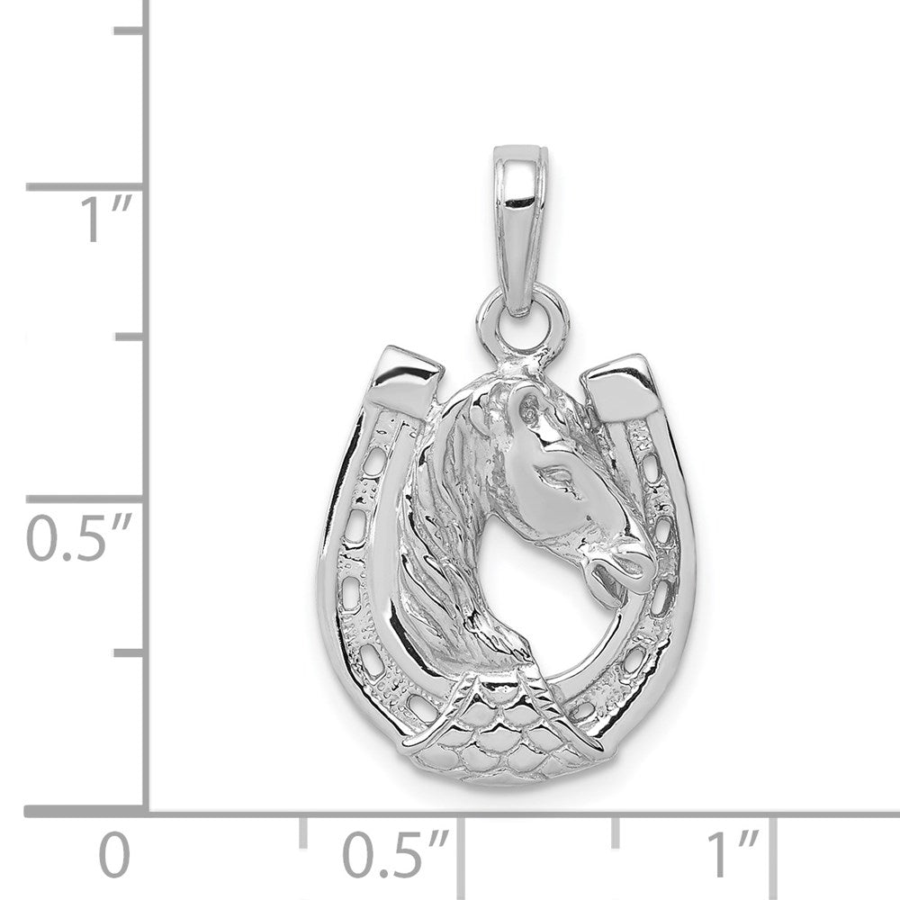 14K Weißgold Massiver Polierter Pferdekopf im Hufeisen Anhänger