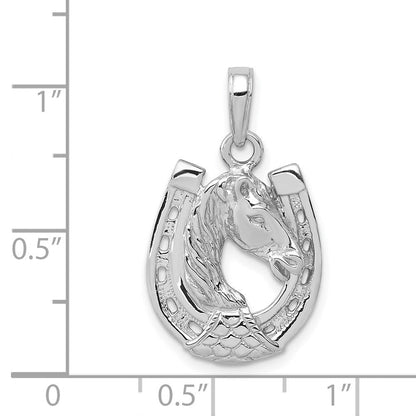 14K Weißgold Massiver Polierter Pferdekopf im Hufeisen Anhänger