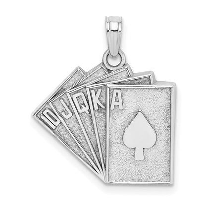 14K Weißgold massiver satinierter, polierter Royal-Flush-Anhänger