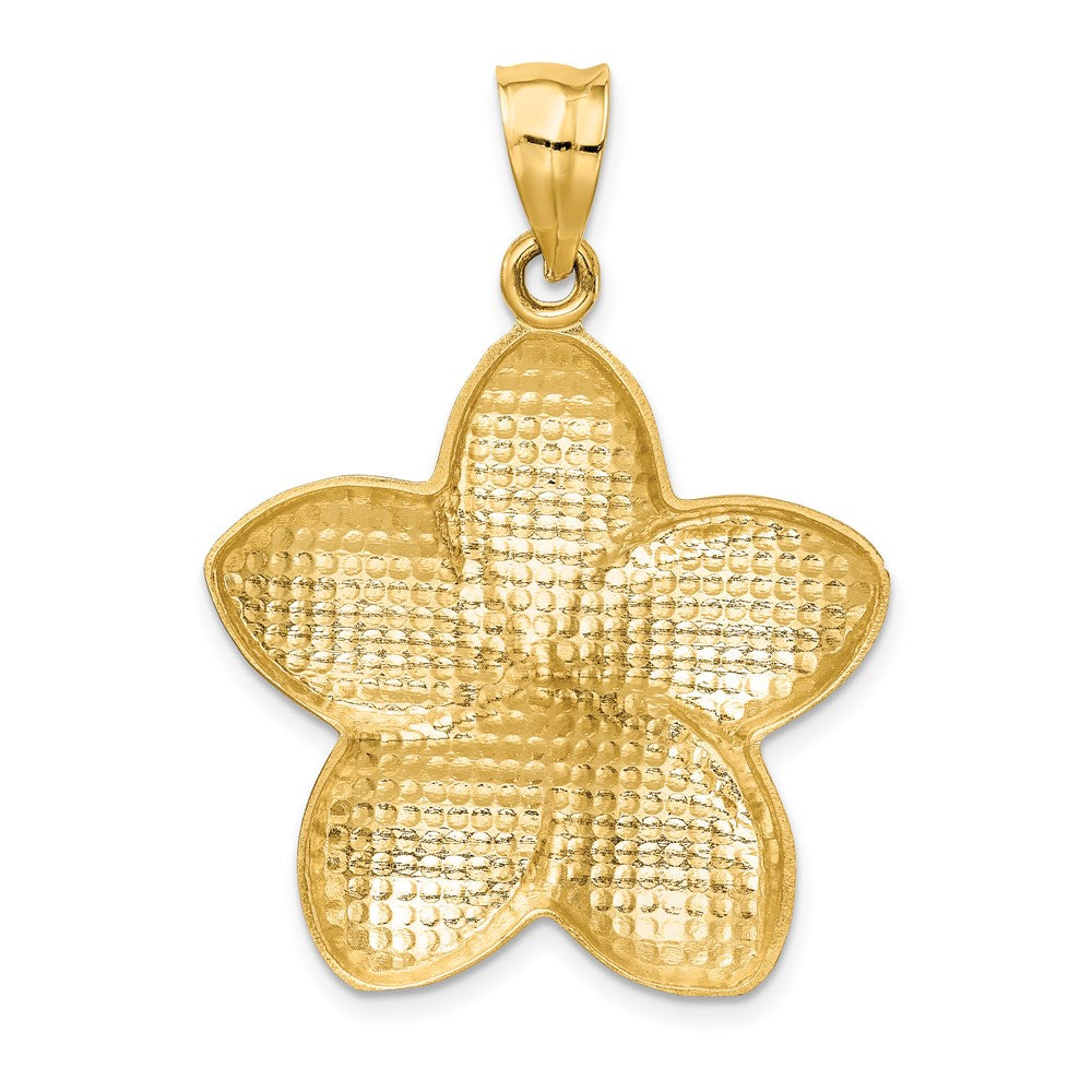 14K Gelbgold Satin Diamant-Cut Offener-Rücken Große Plumeria Anhänger** Alternative, sprachlich noch natürlichere Formulierung: **14K Gelbgold Anhänger, satiniert, diamantgeschliffen, mit offenem Rücken, große Plumeria