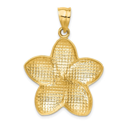 14K Gelbgold Satin Diamant-Cut Offener-Rücken Große Plumeria Anhänger** Alternative, sprachlich noch natürlichere Formulierung: **14K Gelbgold Anhänger, satiniert, diamantgeschliffen, mit offenem Rücken, große Plumeria