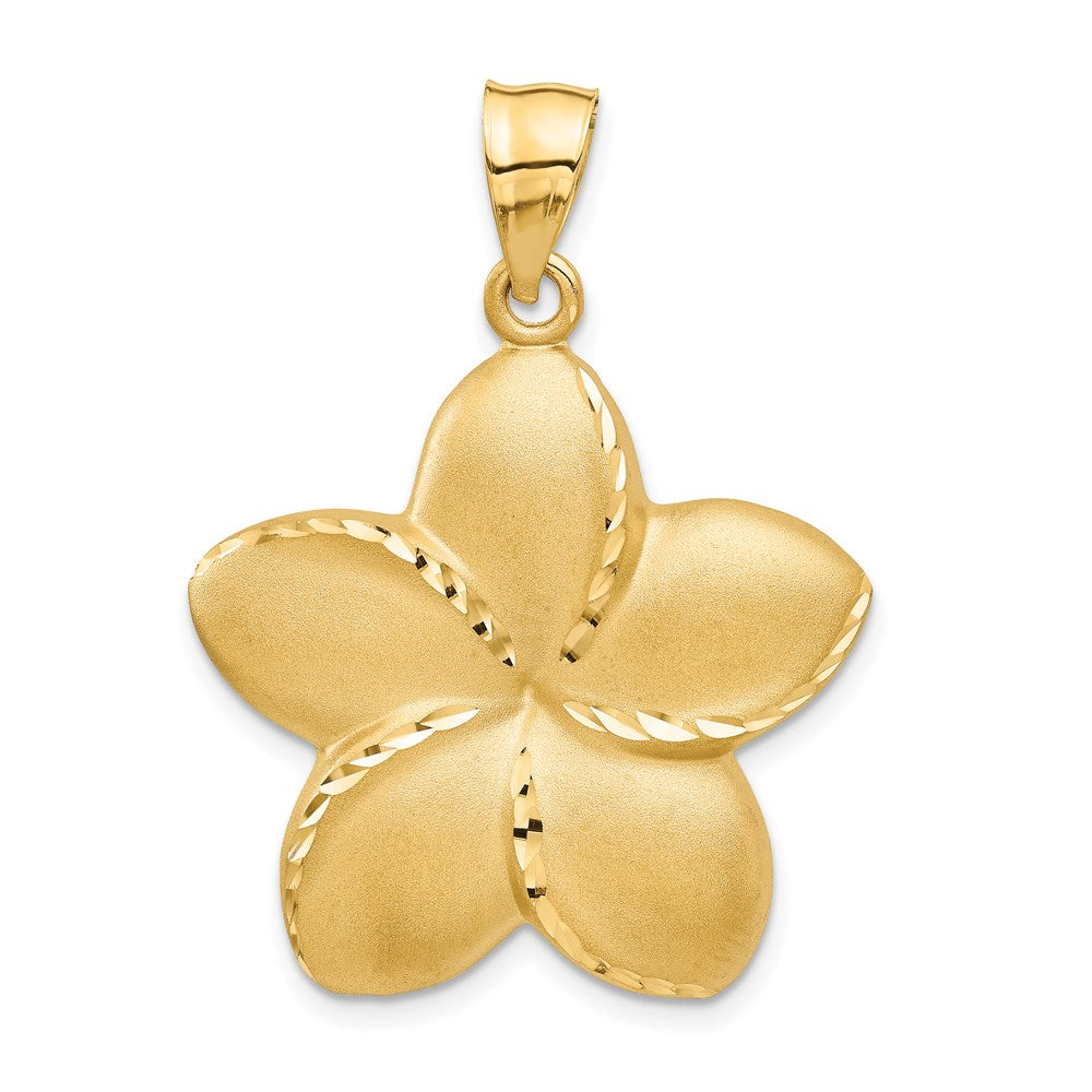 14K Gelbgold Satin Diamant-Cut Offener-Rücken Große Plumeria Anhänger** Alternative, sprachlich noch natürlichere Formulierung: **14K Gelbgold Anhänger, satiniert, diamantgeschliffen, mit offenem Rücken, große Plumeria