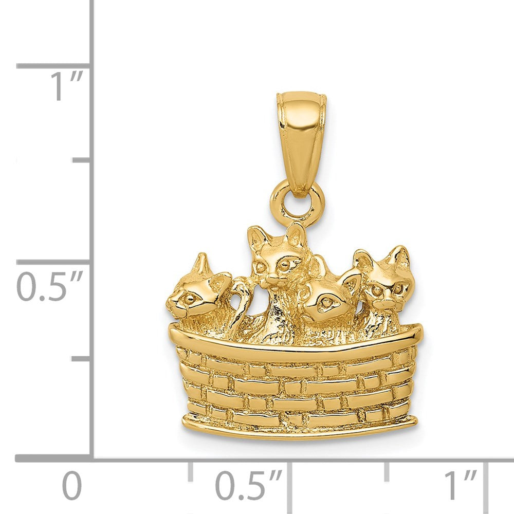 14K Gelbgold Massiv Poliert 3-D Kätzchen im Korb Anhänger