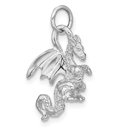 14 Karat Weißgold massiver, polierter 3-D-Drachen-Charm