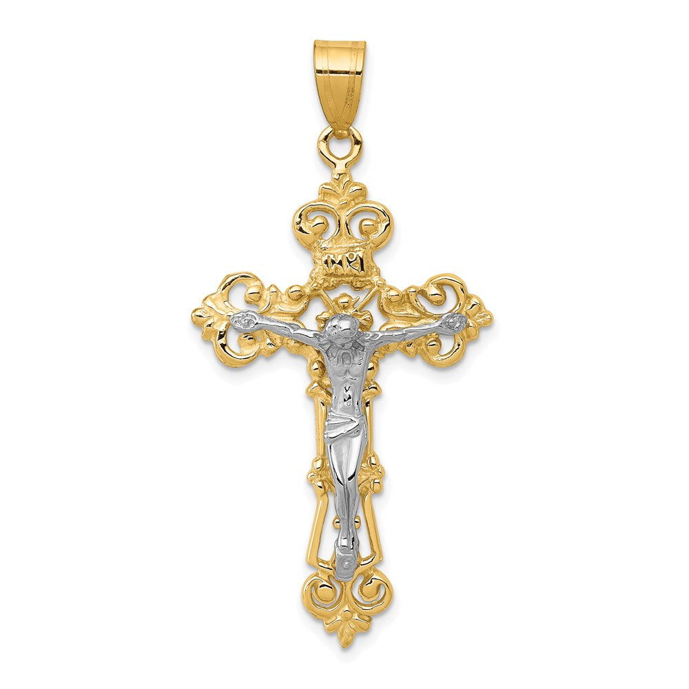 14 Karat Bicolor Gold INRI Fleur-de-Lis Kruzifix-Anhänger