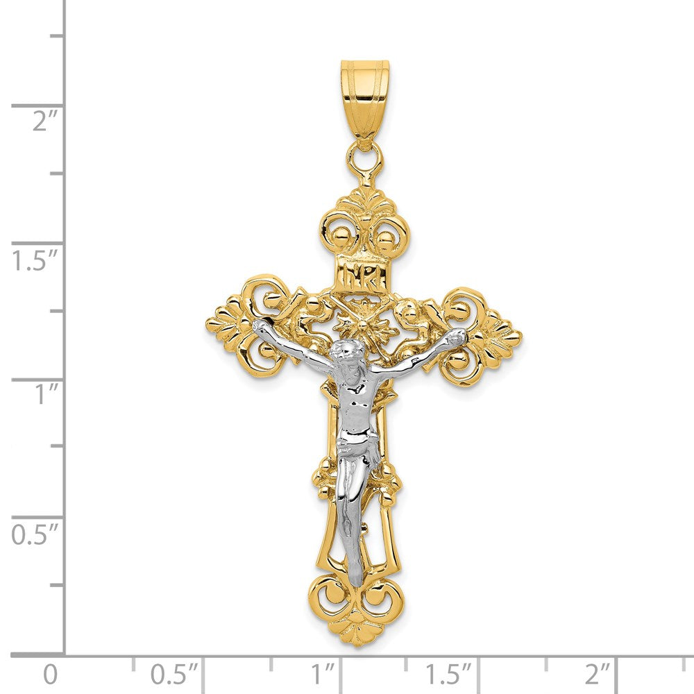 14K Bicolor-Gold INRI Fleur-de-Lis-Kruzifix-Anhänger