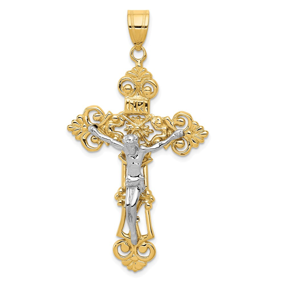 14K Bicolor-Gold INRI Fleur-de-Lis-Kruzifix-Anhänger