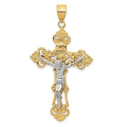 14K Bicolor-Gold INRI Fleur-de-Lis-Kruzifix-Anhänger