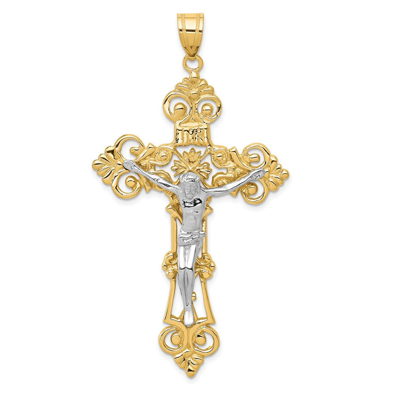 14K Bicolor-Gold INRI-Kruzifix-Anhänger mit Fleur-de-Lis
