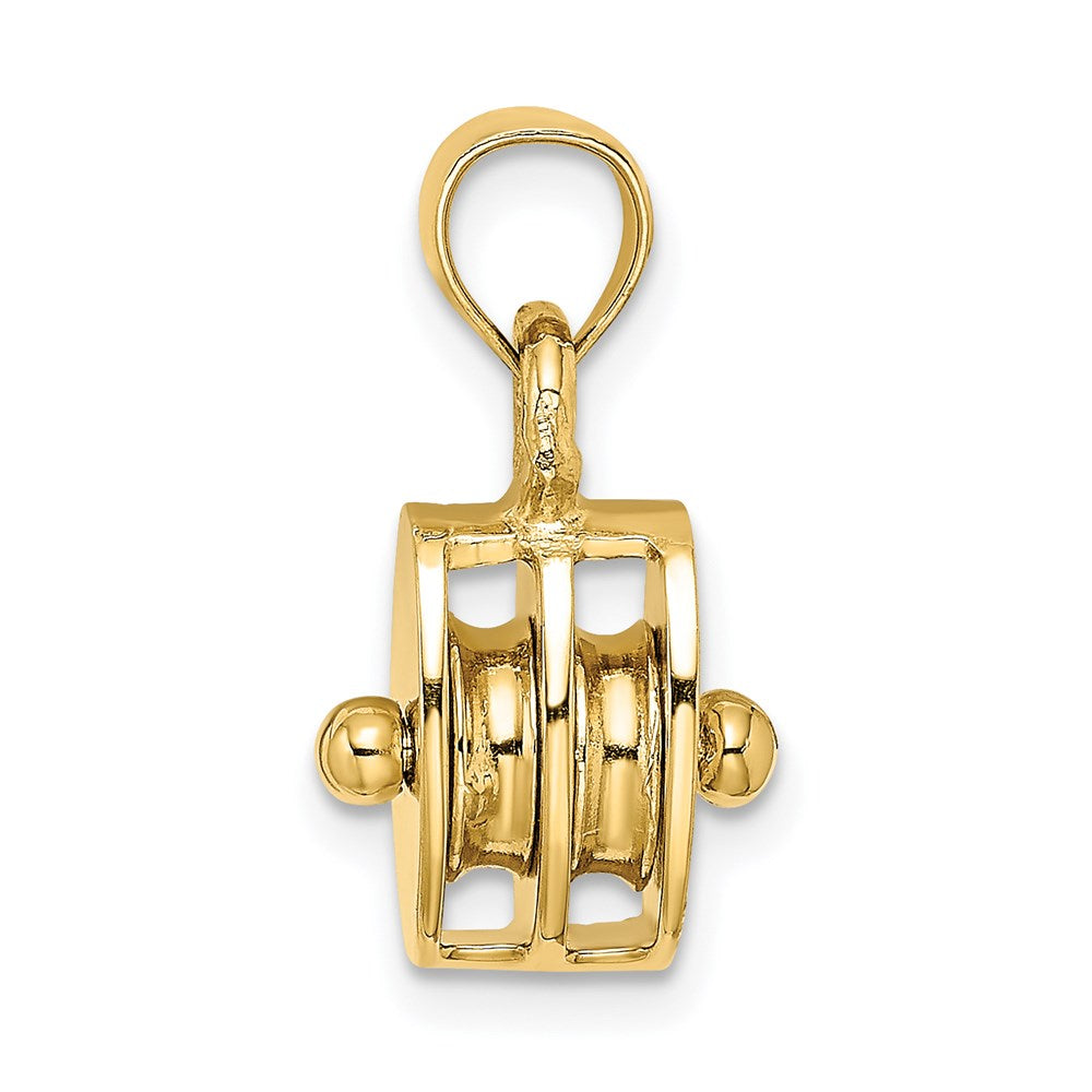 14K Gelbgold polierter 3-D beweglicher Seilrolle-Charm