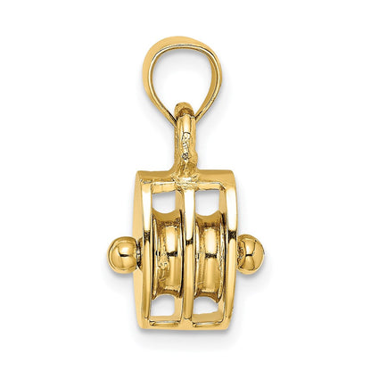 14K Gelbgold polierter 3-D beweglicher Seilrolle-Charm