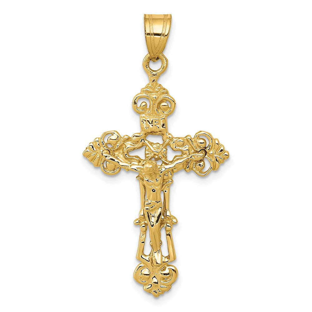 14K Gelbgold INRI Kruzifix-Anhänger mit Fleur-de-Lis-Motiv