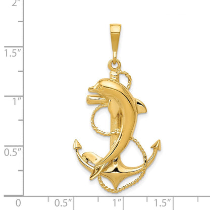 14K Gelbgold massiver polierter Anker-Anhänger mit Delfin
