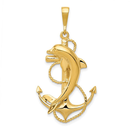 14K Gelbgold massiver polierter Anker-Anhänger mit Delfin