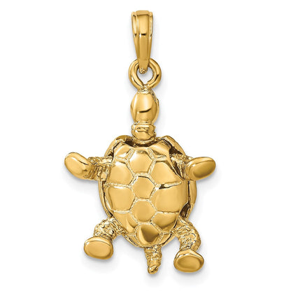 14K Gelbgold Solid Poliert 3-D Beweglicher Schildkröten-Anhänger