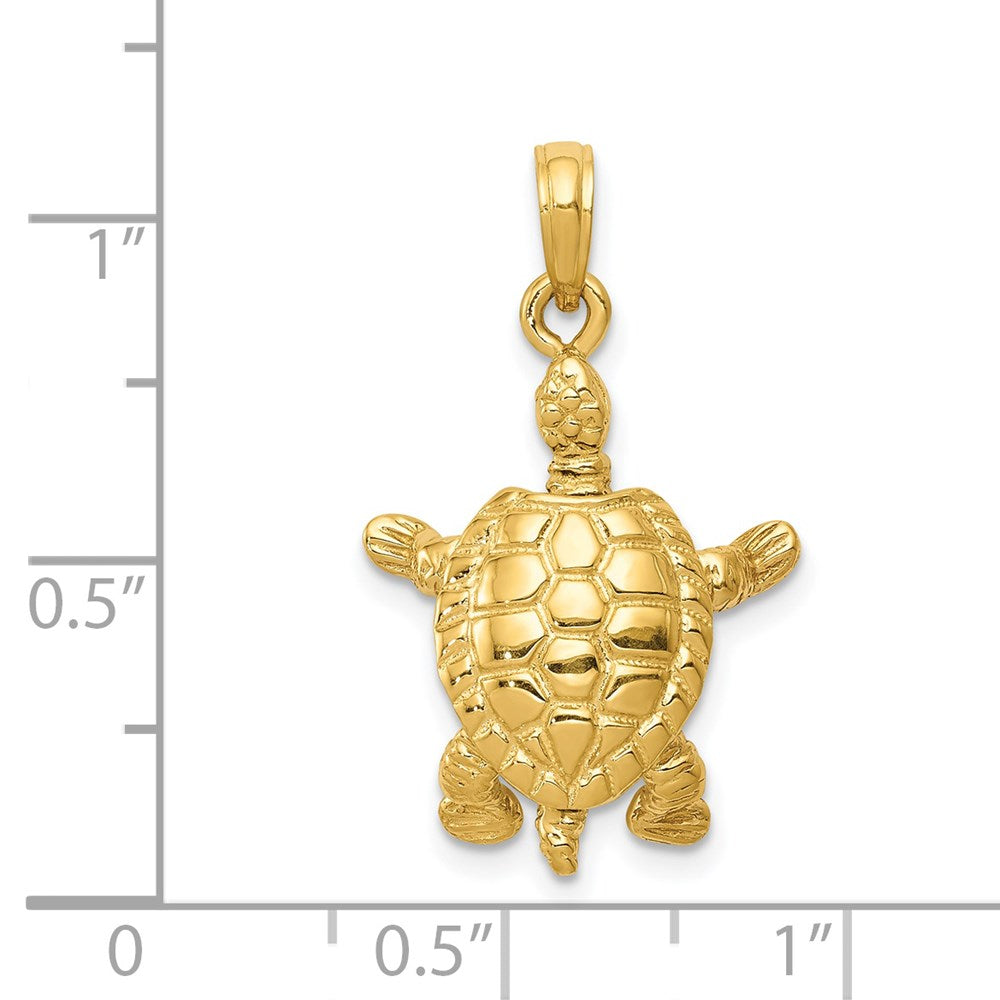 14K Gelbgold Solid Poliert 3-D Beweglicher Schildkröten-Anhänger