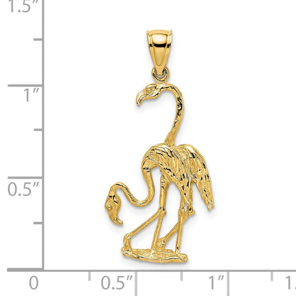 14K Gelbgold massiver polierter dreidimensionaler Doppel-Flamingo-Charm