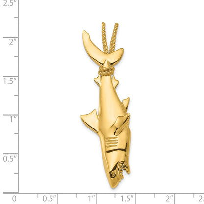14K Gelbgold Hohl Poliert 3-d Hanging Shark Anhänger