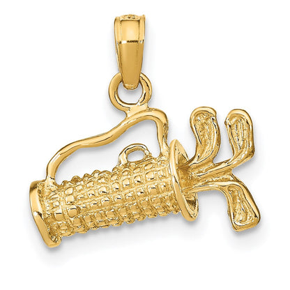 14K Gelbgold Solider Polierter 3-D Golftasche mit Schlägern Charm