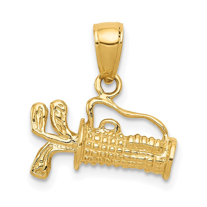14K Gelbgold Solider Polierter 3-D Golftasche mit Schlägern Charm