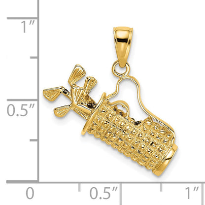 14K Gelbgold Massiv Poliert Golftasche mit Schlägern Charm