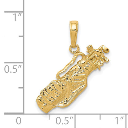 14K Gelbgold massiver polierter Golftaschen-Charm mit Golfschlägern, offene Rückseite