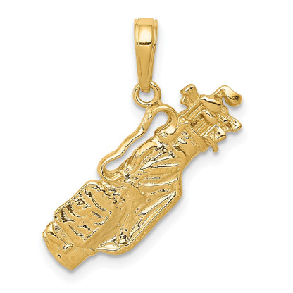 14K Gelbgold massiver polierter Golftaschen-Charm mit Golfschlägern, offene Rückseite