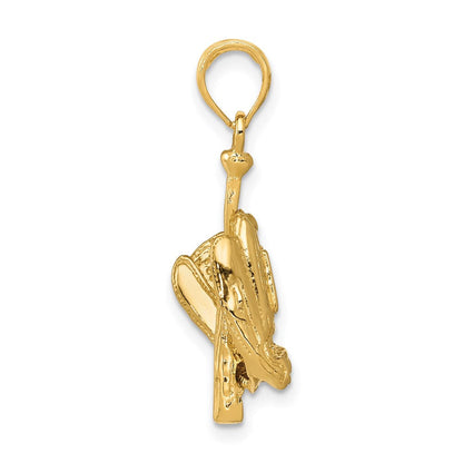 14K Gelbgold Polierter 3-D Handschuh/Schläger/Baseball-Anhänger