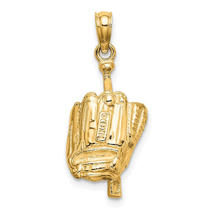 14K Gelbgold Polierter 3-D Handschuh/Schläger/Baseball-Anhänger