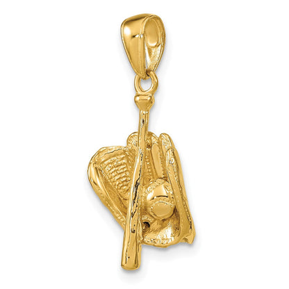 14K Gelbgold Polierter 3-D Handschuh/Schläger/Baseball-Anhänger