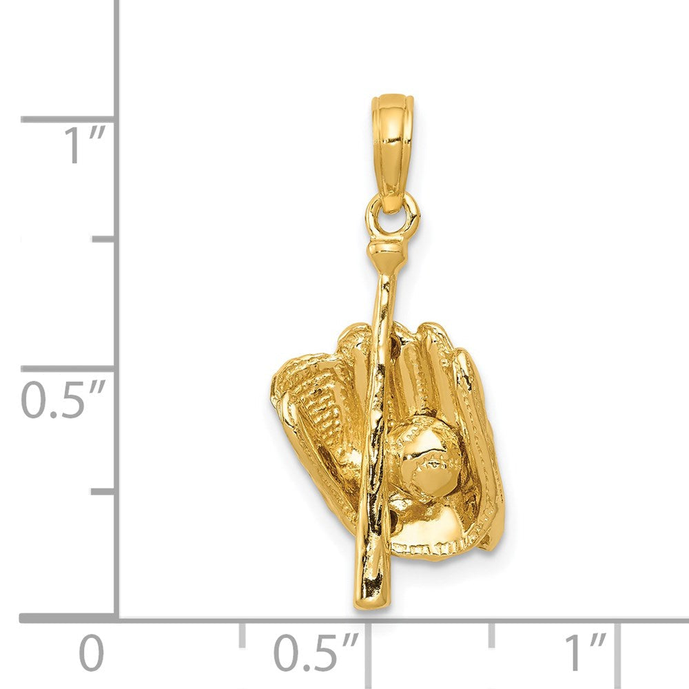 14K Gelbgold Polierter 3-D Handschuh/Schläger/Baseball-Anhänger
