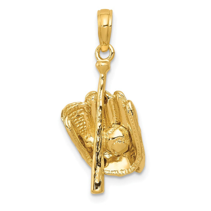 14K Gelbgold Polierter 3-D Handschuh/Schläger/Baseball-Anhänger
