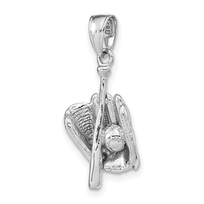 14K Weißgold Polierter 3-D Handschuh/Schläger/Baseball-Anhänger