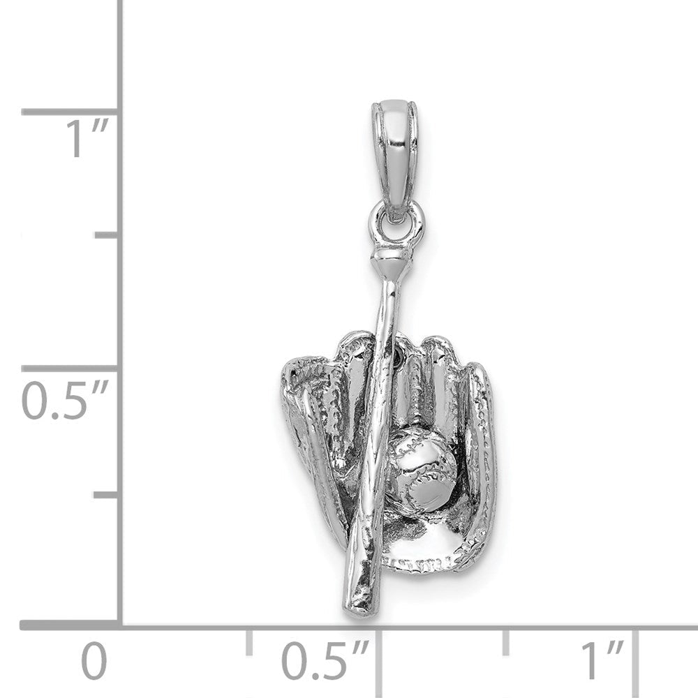14K Weißgold Polierter 3-D Handschuh/Schläger/Baseball-Anhänger