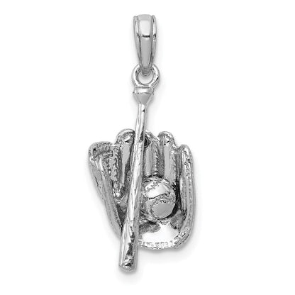 14K Weißgold Polierter 3-D Handschuh/Schläger/Baseball-Anhänger