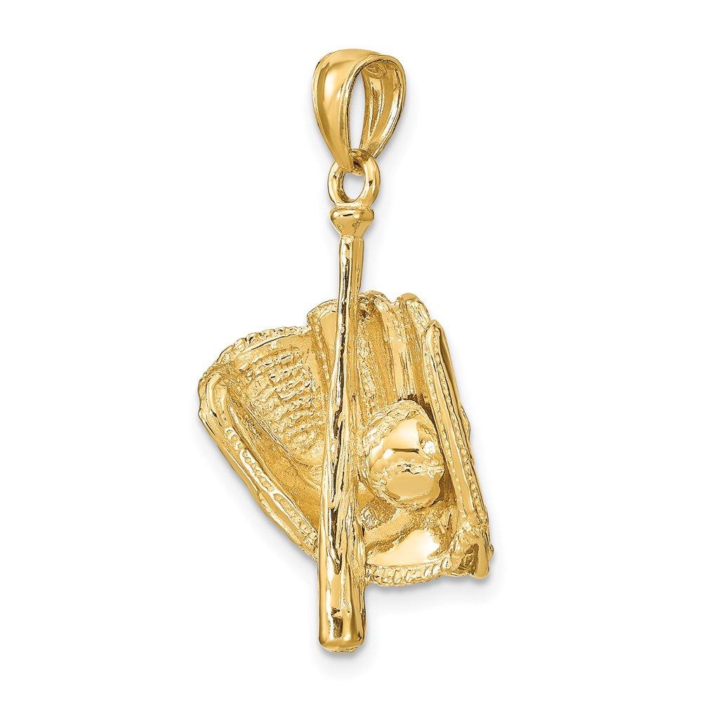 14K Gelbgold Poliert 3-D Handschuh/Schläger/Baseball-Anhänger