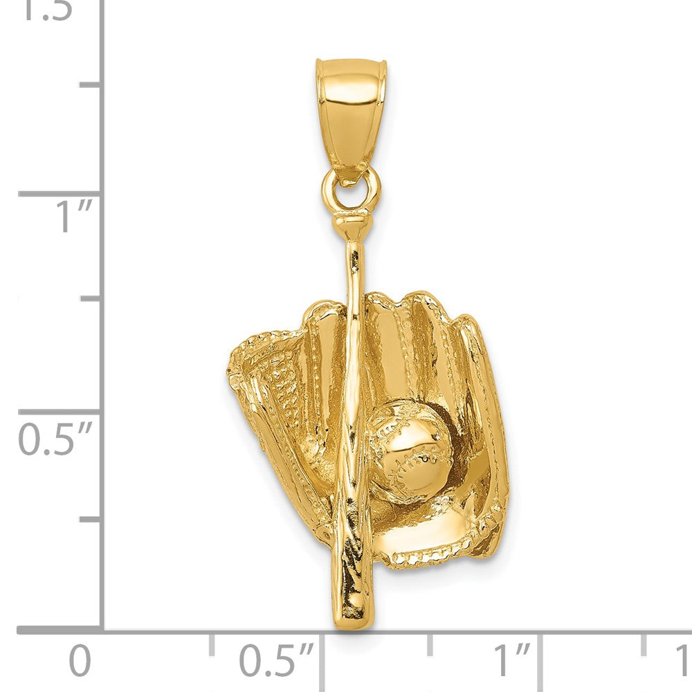 14K Gelbgold Poliert 3-D Handschuh/Schläger/Baseball-Anhänger