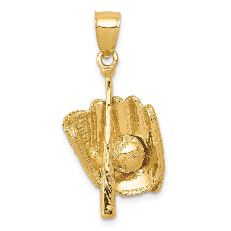 14K Gelbgold Poliert 3-D Handschuh/Schläger/Baseball-Anhänger