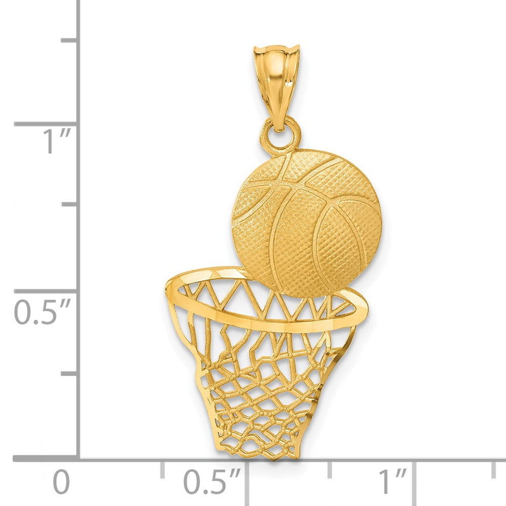 14 Karat Gelbgold Anhänger „Basketball und Netz“ mit Satinfinish und Diamantschliff