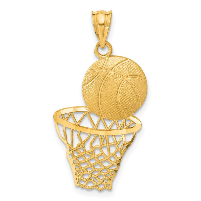 14 Karat Gelbgold Anhänger „Basketball und Netz“ mit Satinfinish und Diamantschliff