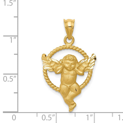 14K Gelbgold Satin-Engel-im-Kreis-Anhänger