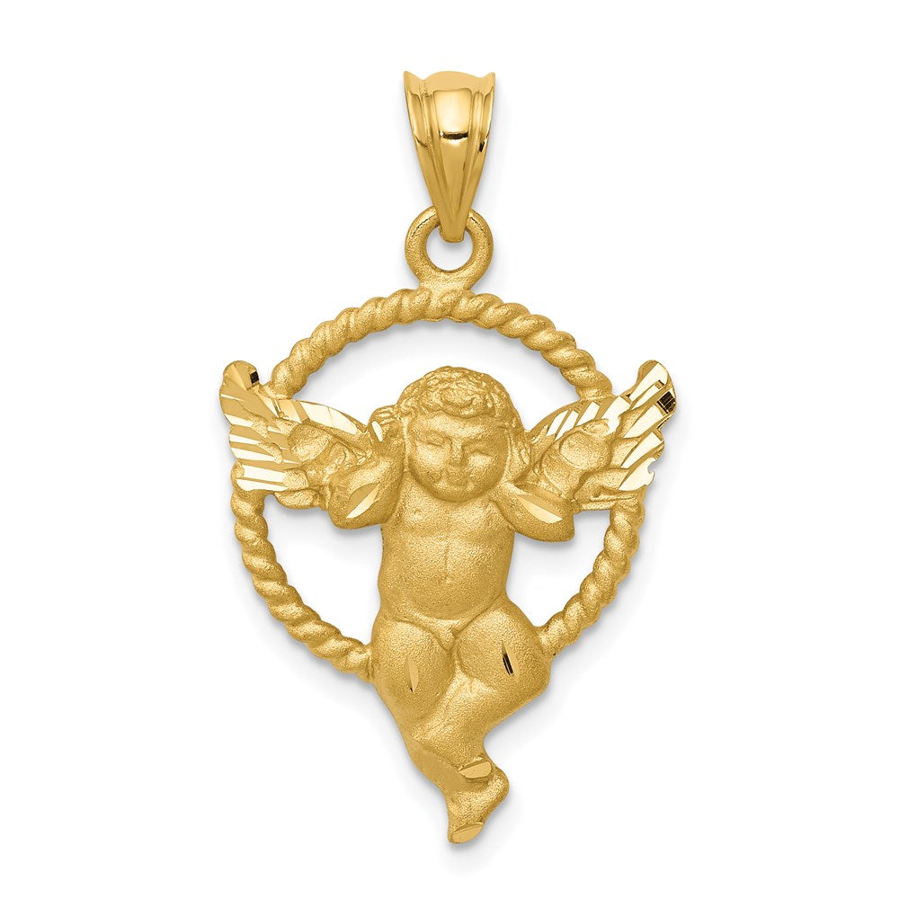 14K Gelbgold Satin-Engel-im-Kreis-Anhänger