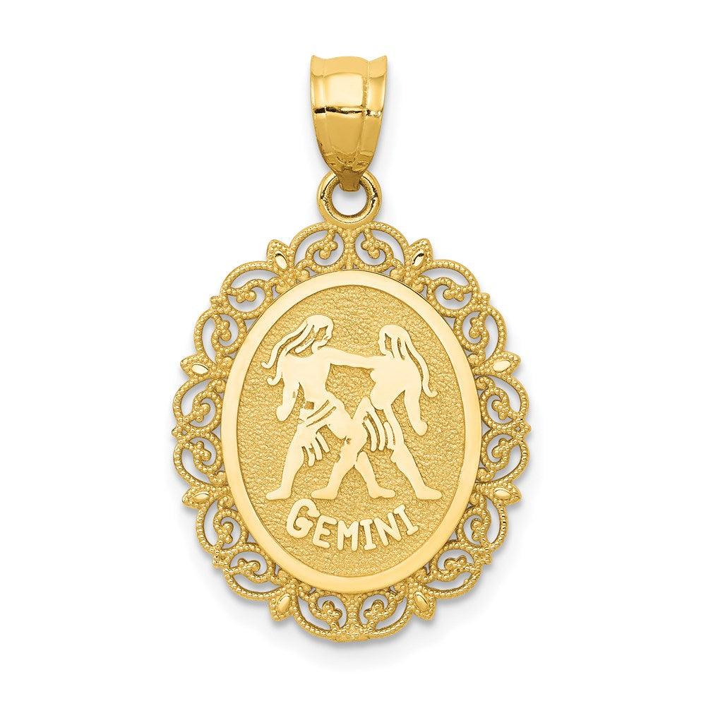 14K Gelbgold Massiv Satiniert Poliert Zwillinge Sternzeichen Ovaler Anhänger